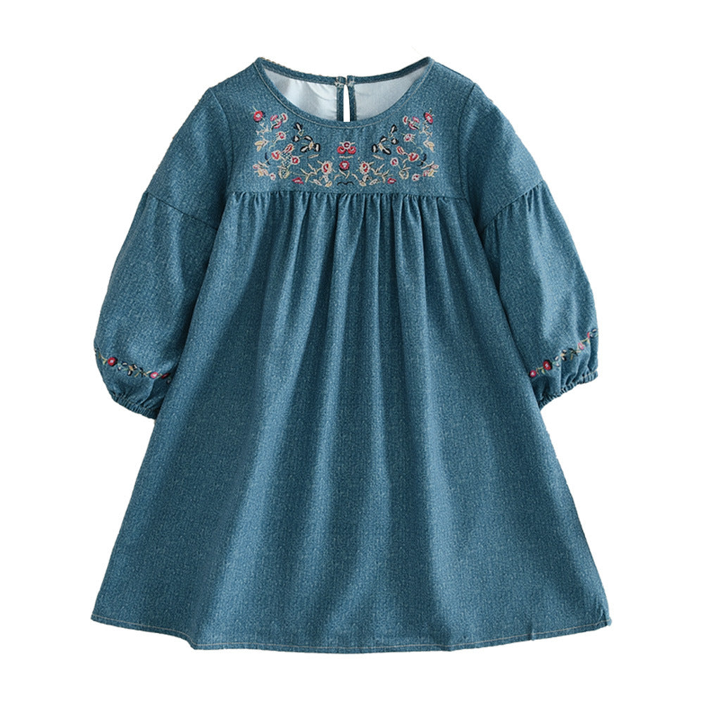 Robe en jean brodée printemps-automne pour fille