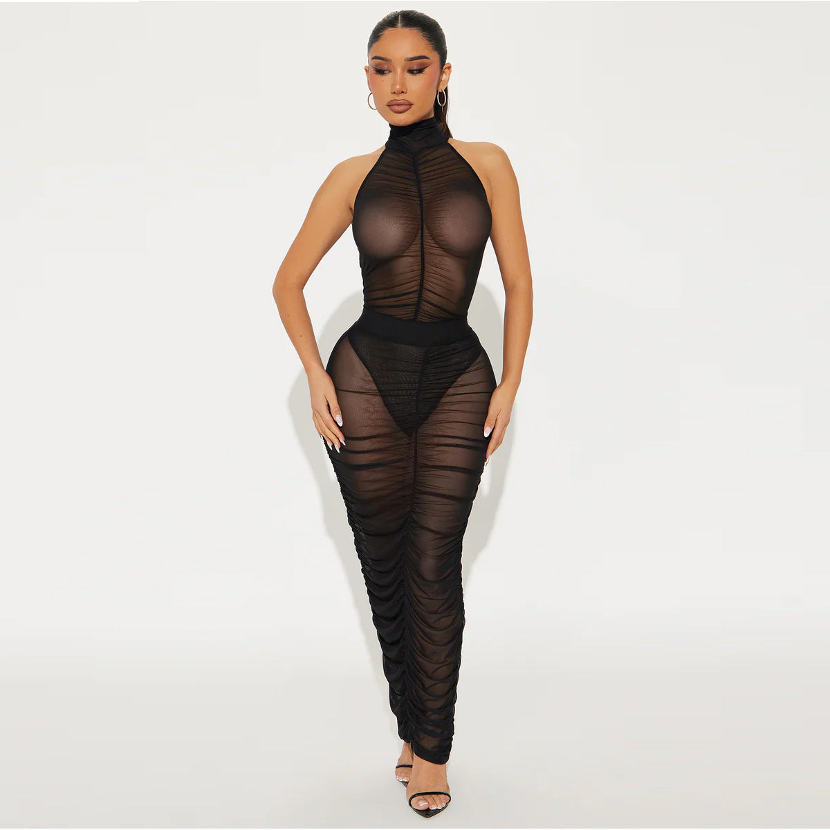 European And American Women's Clothing New Mesh See-through Sleeveless Leotard Pleated Skirt Two-piece Suit