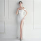 Female Solid Color Off Shoulder One Neck Slit Dress