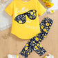Girls Heat Transfer Patch Short Sleeve Round Neck Top Casual Pants Suit