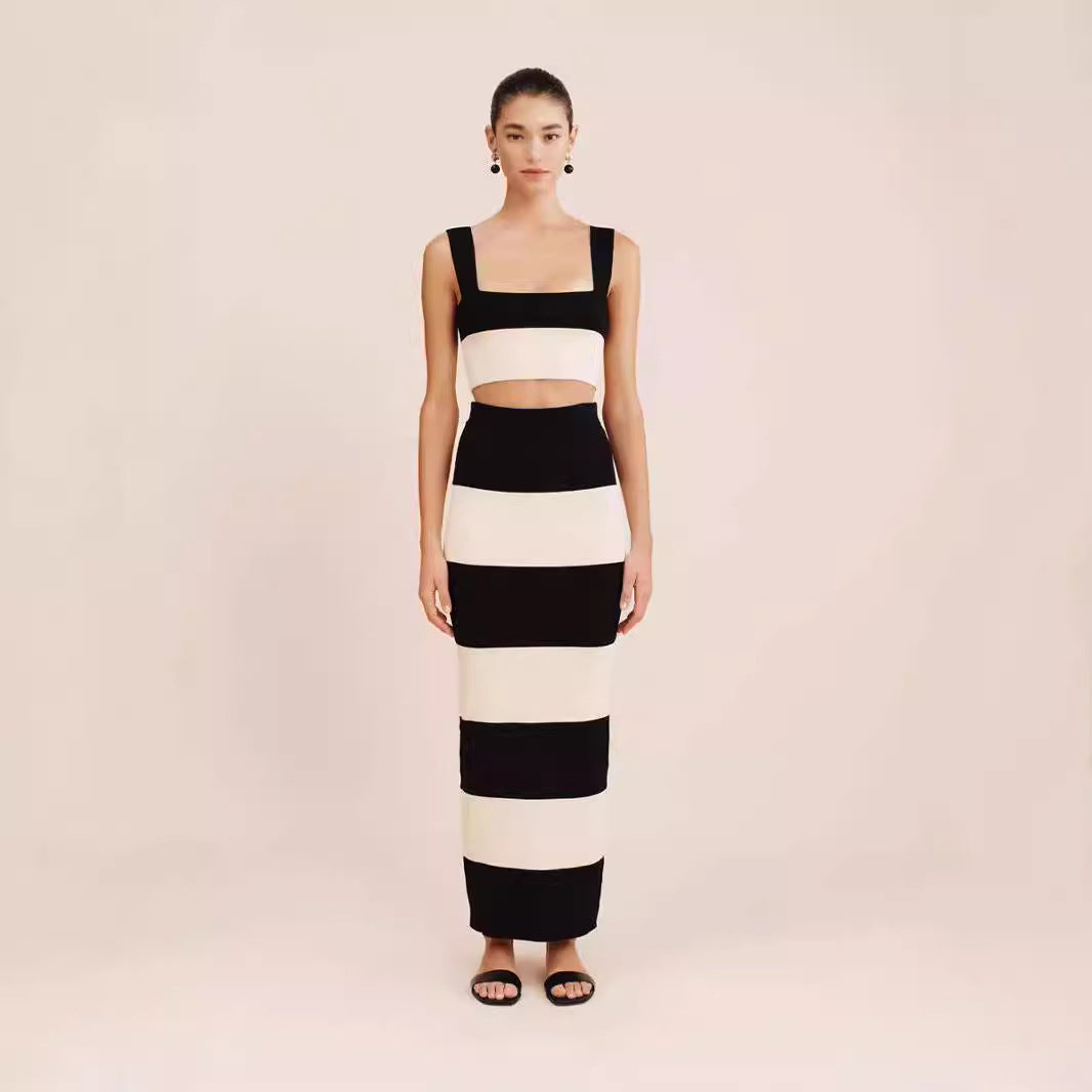 Knitted Striped Vest Sling Sweater Long Dress Suit
