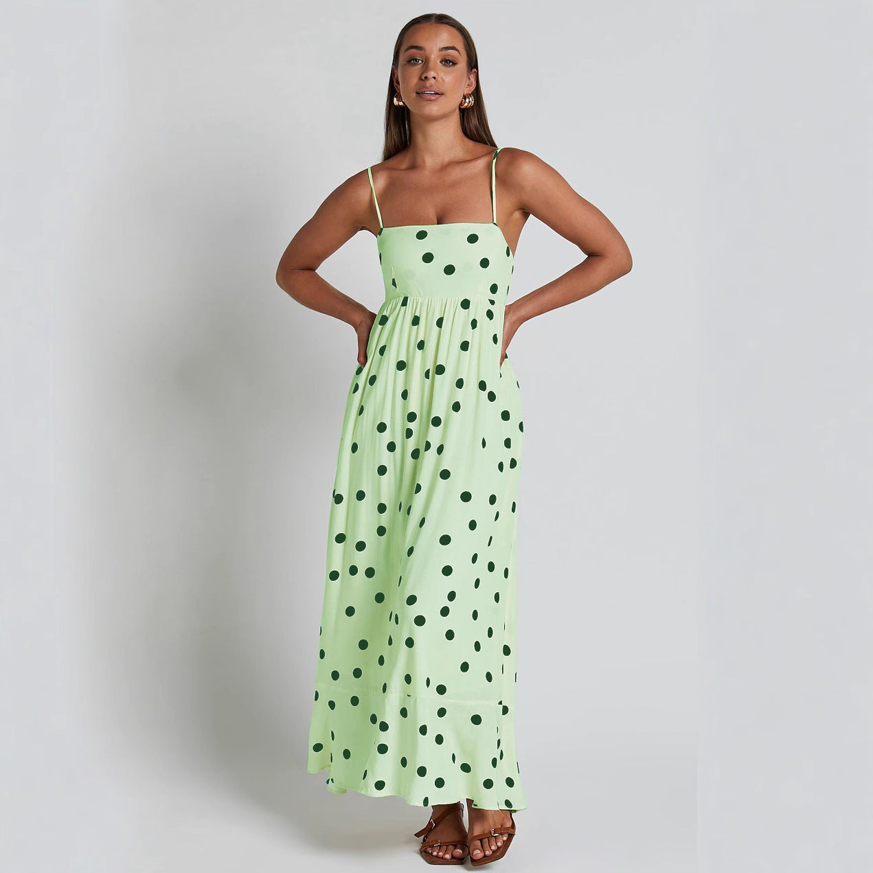 U-collar Tight Waist Large Skirt Polka Dot Print Dress