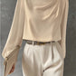 Solid Color Pleated Women's T-shirt Elegant Pullover Satin Top Commute Style Long Sleeve Top