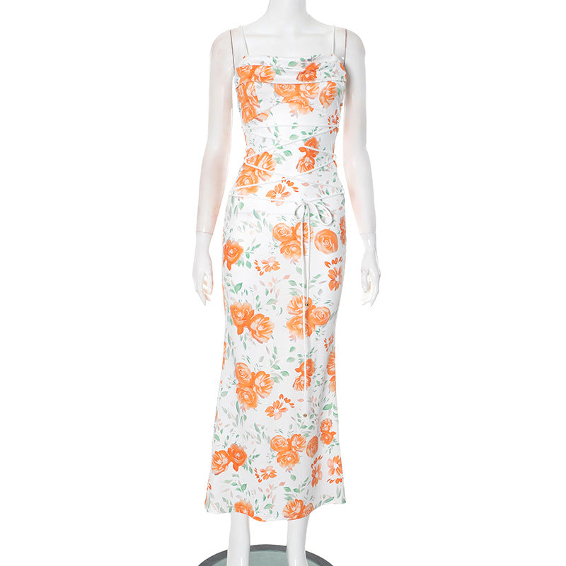 Temperament Waist-controlled Spaghetti-strap Floral Print Slim Fit Dress