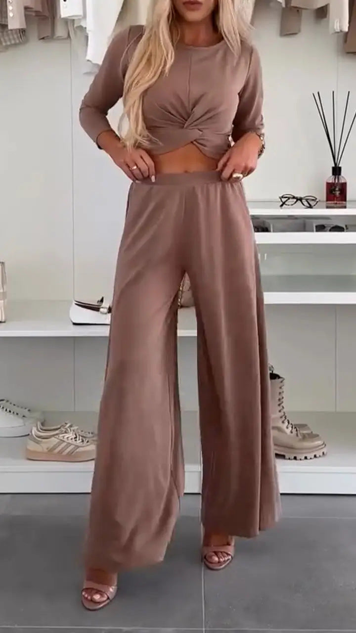 Solid Color O-neck Short Top T-shirt Wide Leg Pants Casual Suit