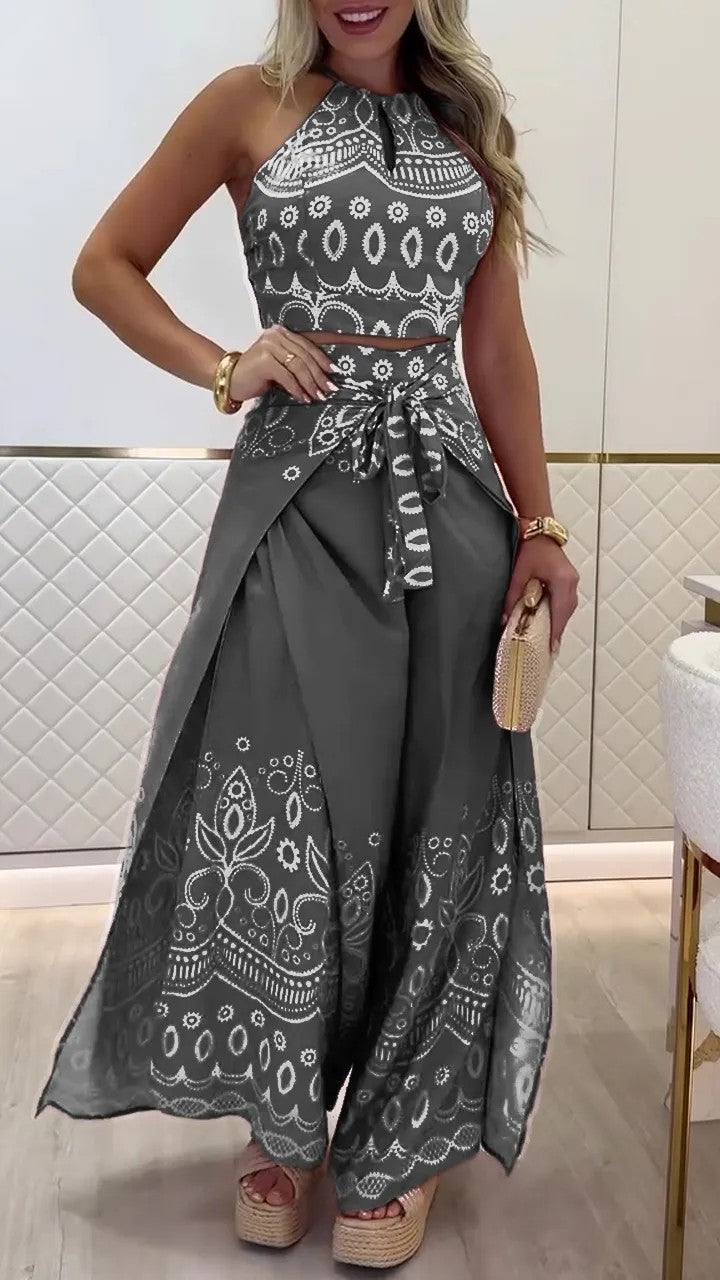 Ethnic Style Halter Top Wide Leg Pants Suit