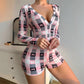 European And American Jumpsuit Deep V-neck Bow Plaid Printed Long Sleeve One-piece Pajamas