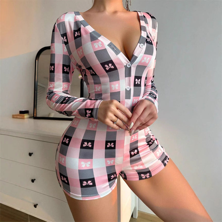 European And American Jumpsuit Deep V-neck Bow Plaid Printed Long Sleeve One-piece Pajamas