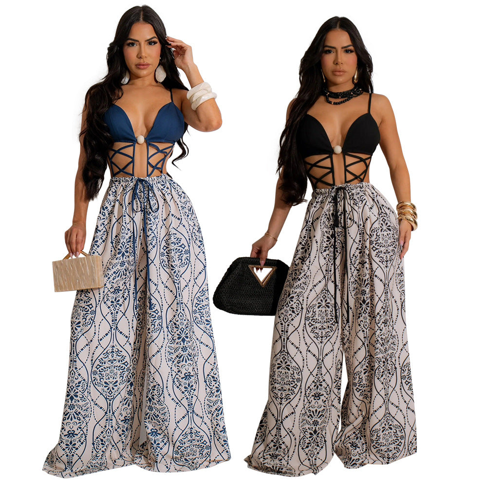 European And American Strap Lace-up Loose Jumpsuit