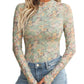 New Mesh Printed Tape Thumb Hole Turtleneck Long Sleeve Bottoming Shirt