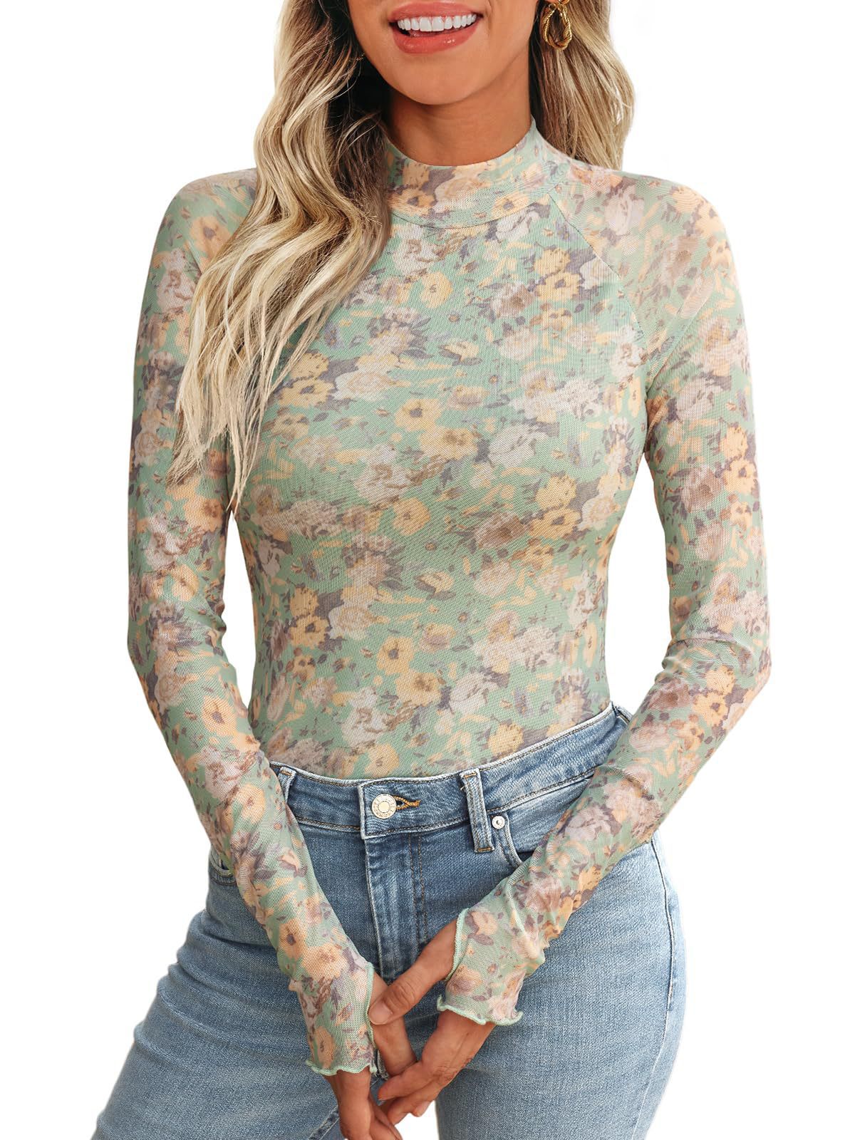 New Mesh Printed Tape Thumb Hole Turtleneck Long Sleeve Bottoming Shirt