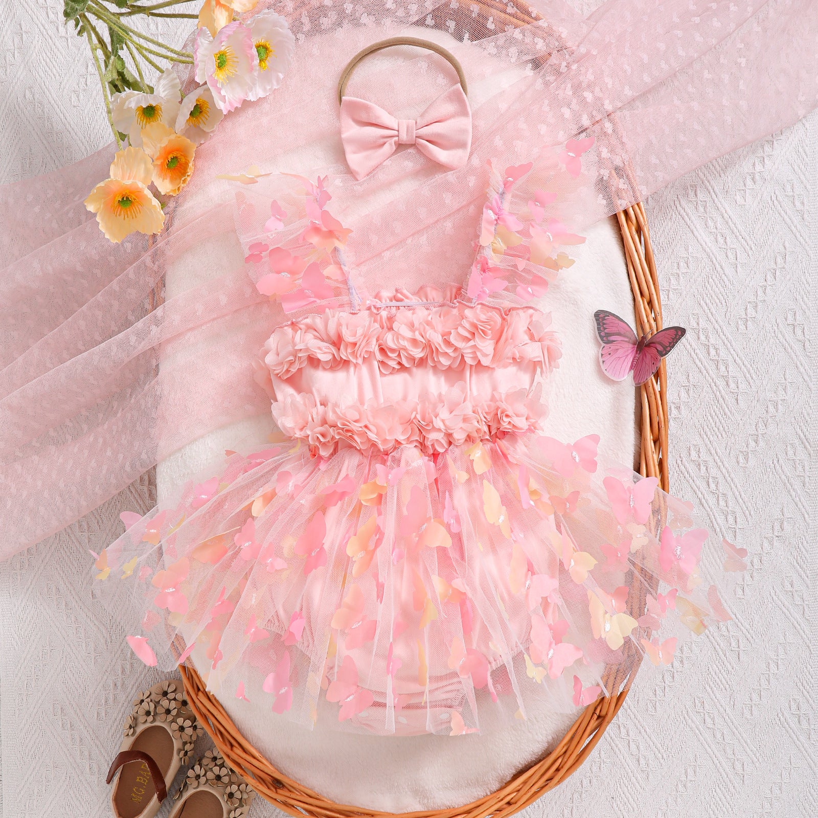 Girls' Party Dress-up Sling Butterfly Petal Mesh Dress