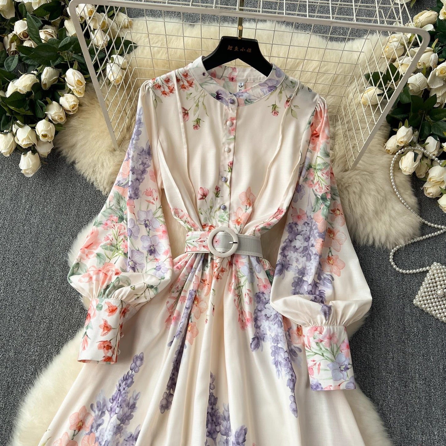 Elegant Retro Lantern Long Sleeve Waist Trimming Printing French Suit Long Dress