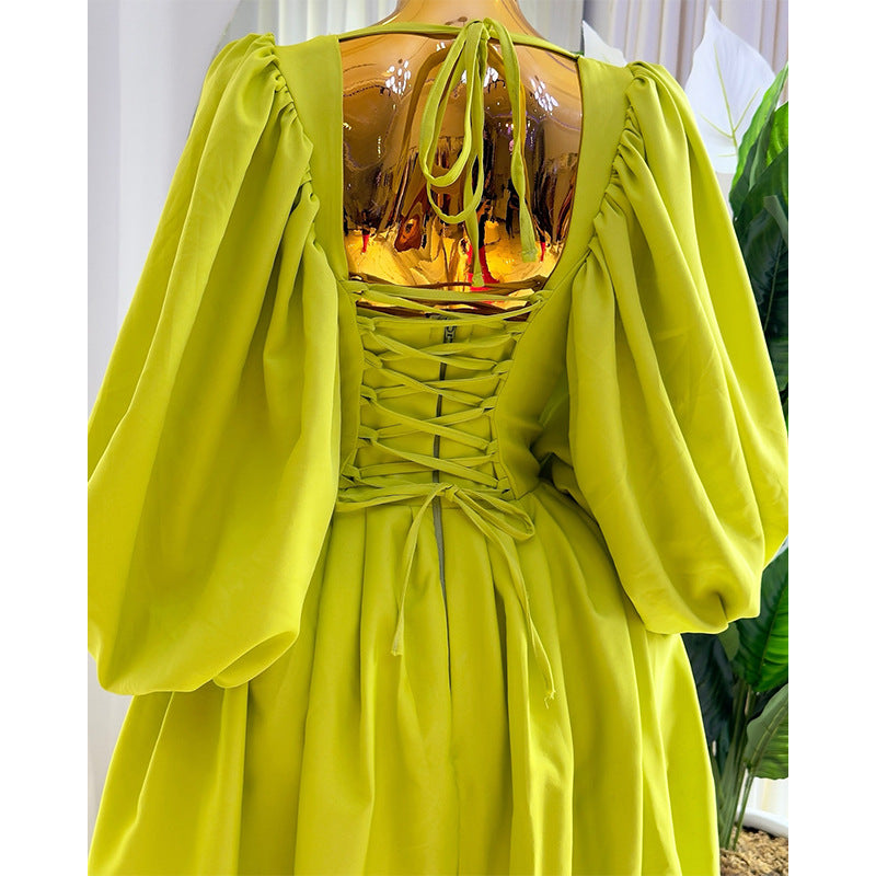 Women's Square Collar Waist Girdling Band Lantern Sleeve A- Line Dress