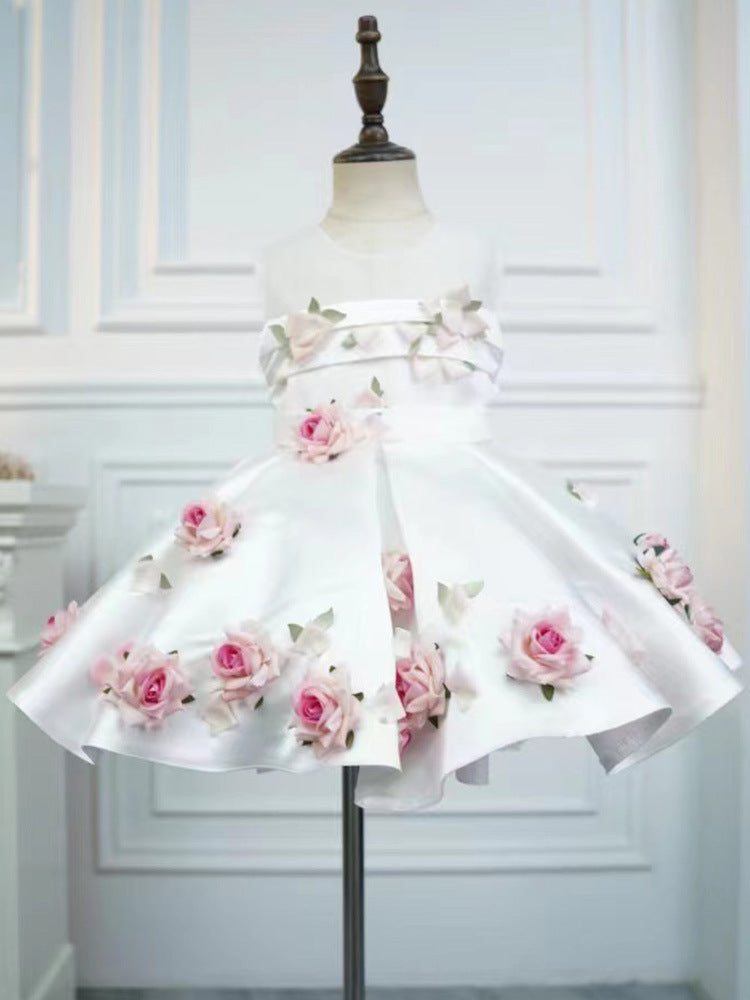 White Three-dimensional Flower Girls' Sleeveless Dress