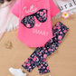 Girls Heat Transfer Patch Short Sleeve Round Neck Top Casual Pants Suit