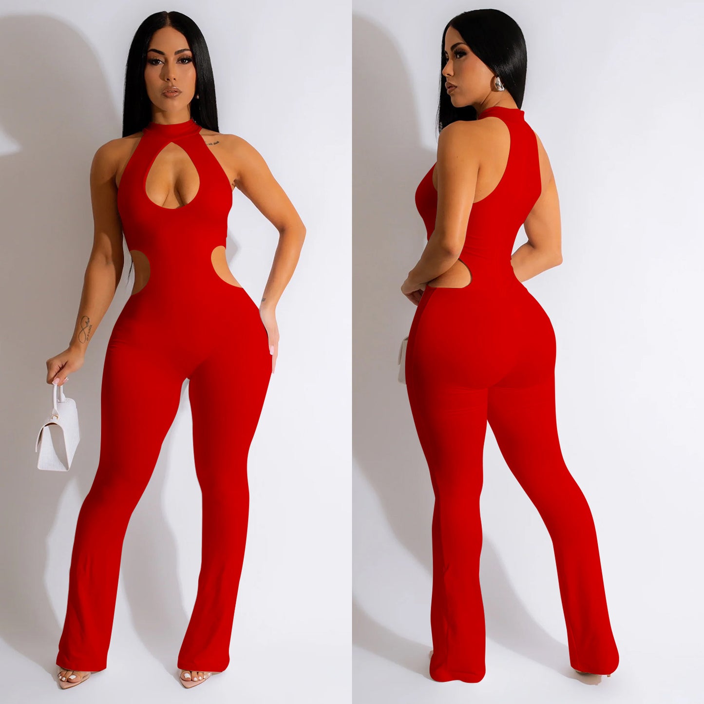 Women's Solid Color Halter Hollow-out Jumpsuit