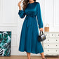 Satin Crew Neck Elegant Long Sleeve Tie Waist A-line Dress