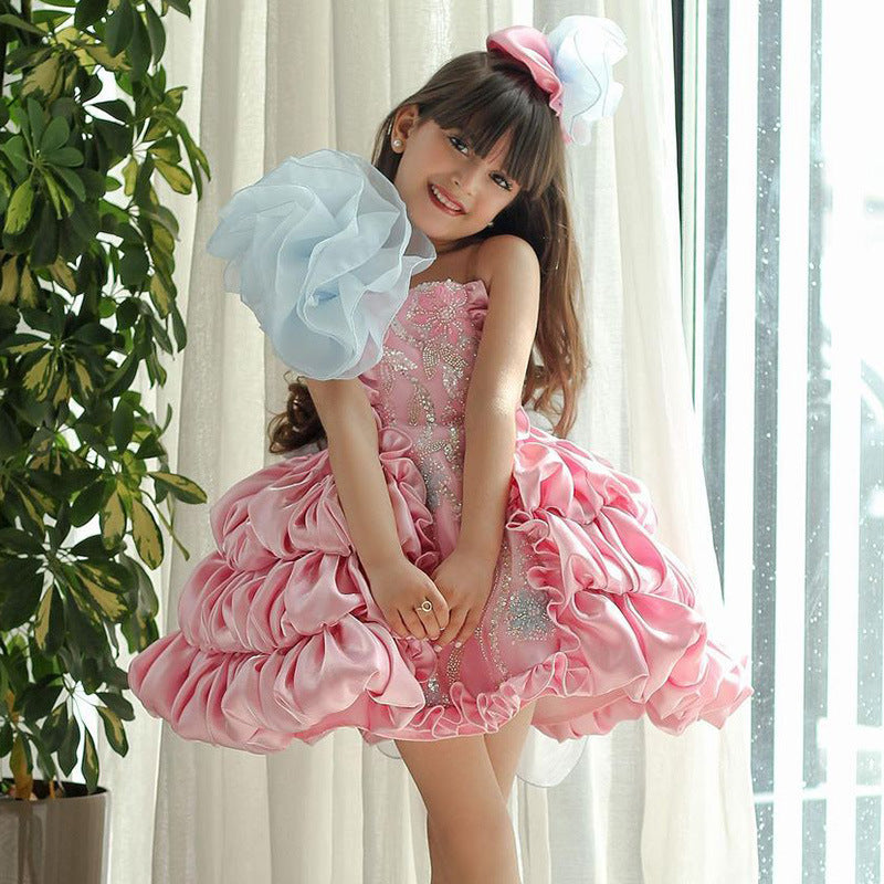 Robe bouffante rose à nœud d'été pour enfants, vêtement de spectacle pour défilé