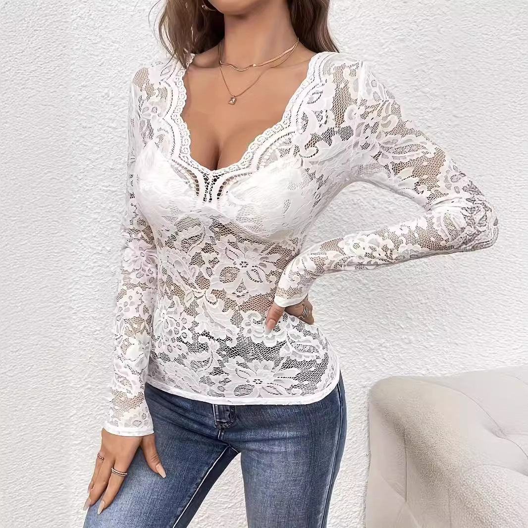Elegant V-neck Fan-shaped Collar Single Layer Lace Long Sleeve