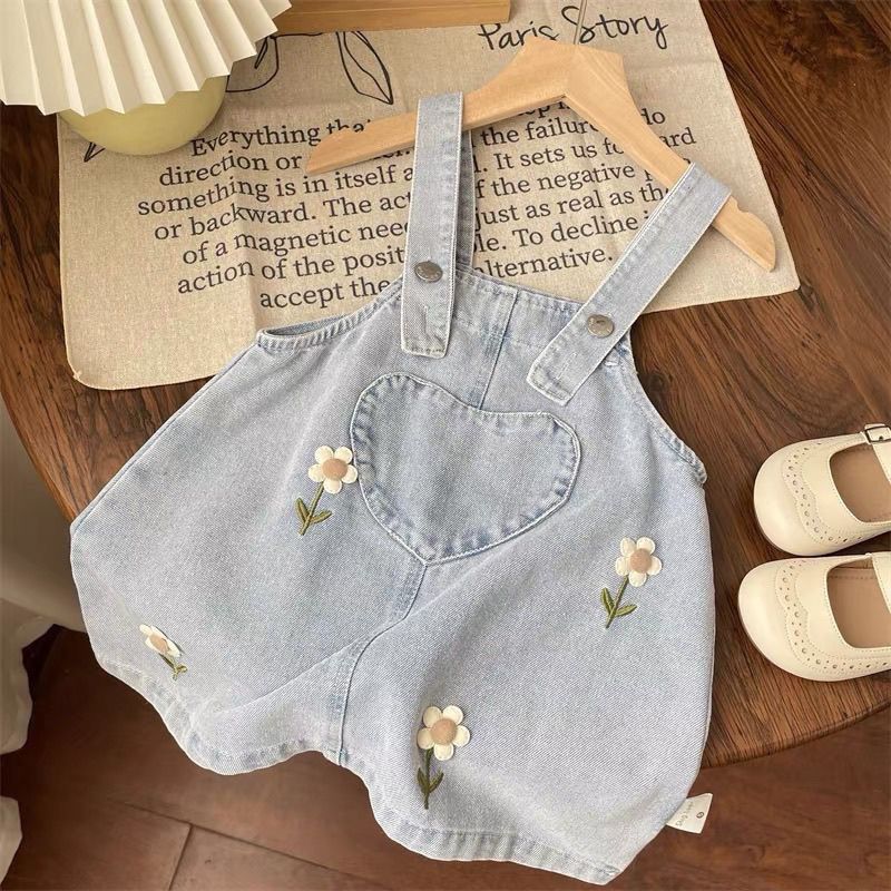 Girls' Suit Lace Shirt Flower Denim Suspender Dress