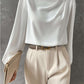 Solid Color Pleated Women's T-shirt Elegant Pullover Satin Top Commute Style Long Sleeve Top