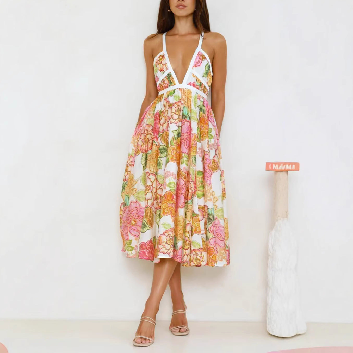 Floral Swing V-neck Lace-up Fashion Vacation Dress