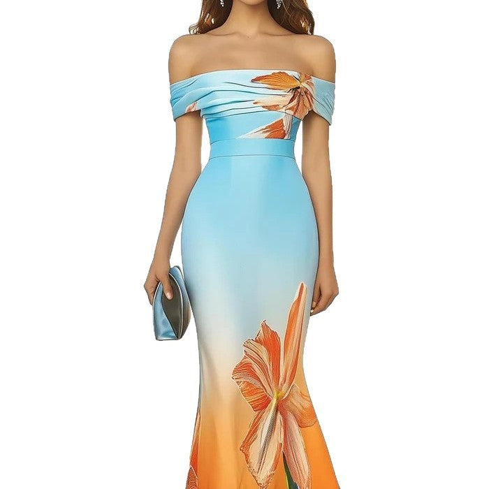 Women's Pure Desire Style Three-dimensional Gradient Flower Fishtail Sheath Dress