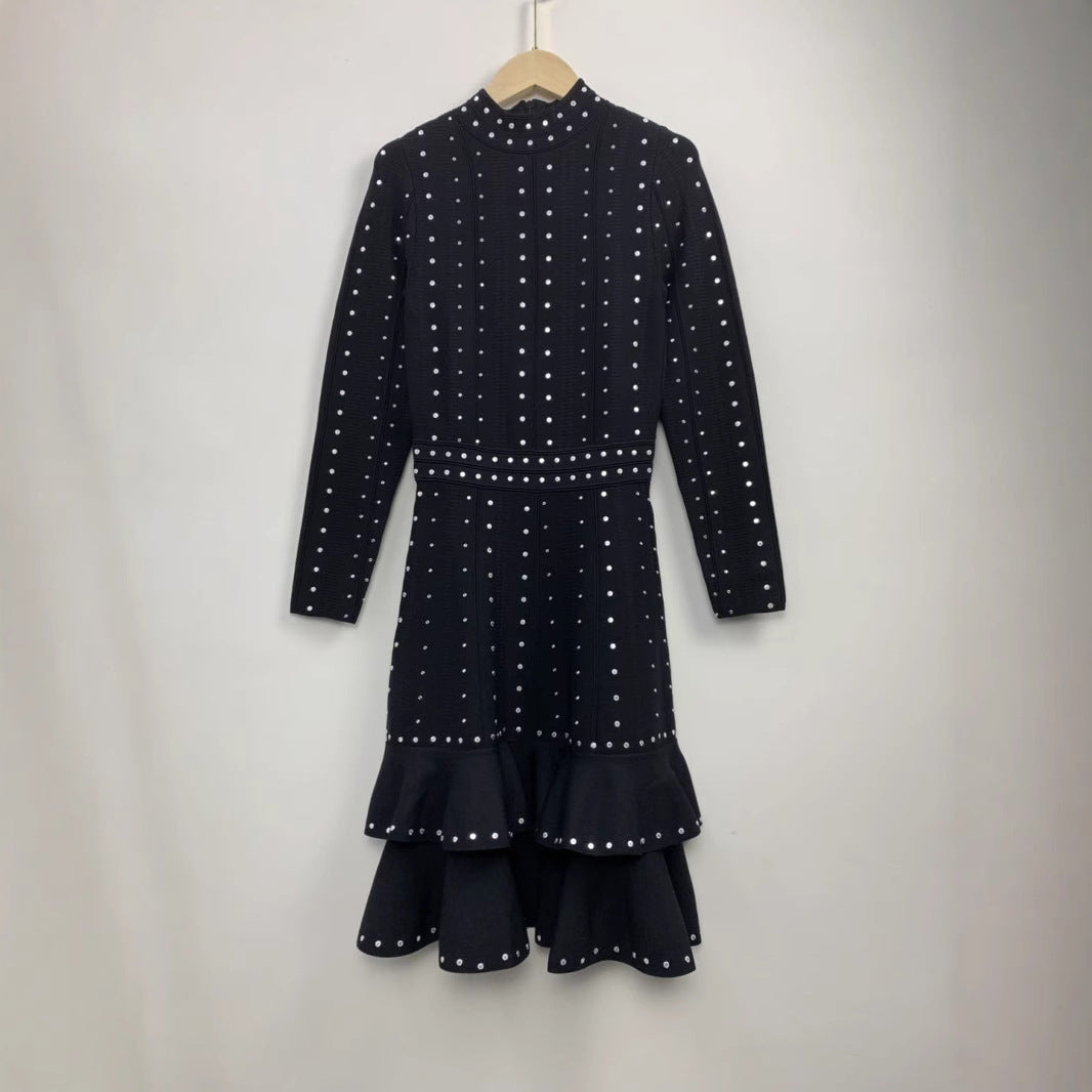 Sequined Ruffles Waist Trimming Knitted Dress