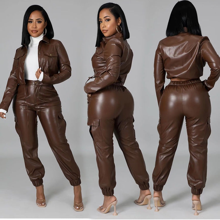 Fashion Slim PU Leather Fleece Trousers Overall Suit