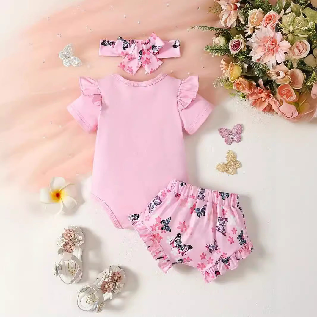 Combinaison d'été à manches courtes pour bébé fille, douce et confortable, motif papillon