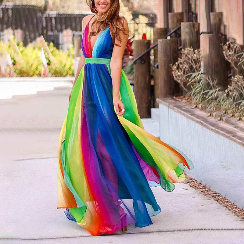 Spring And Summer New Suspenders Deep V Rainbow Mesh Camisole Dress