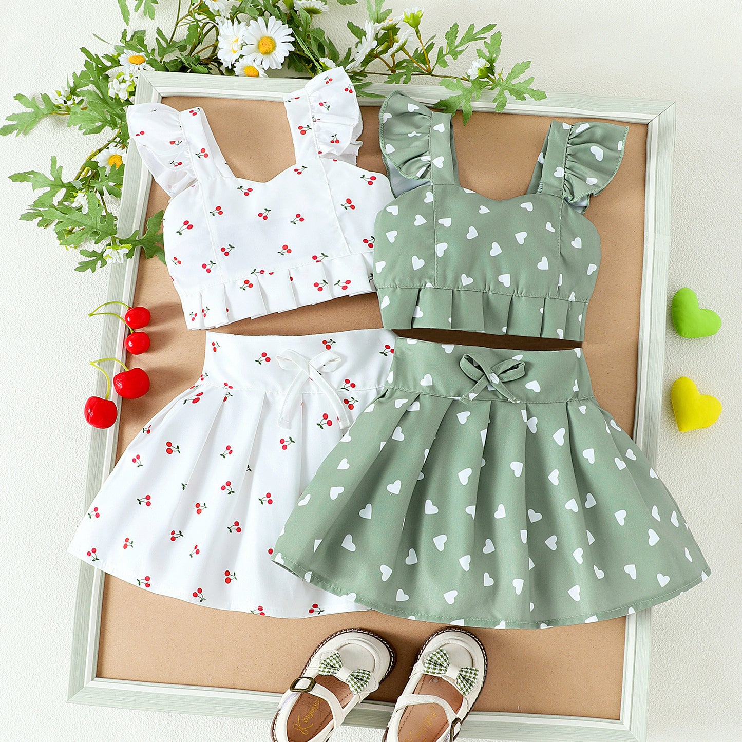 Girls' Flounced Sleeve Printed Strappy Bow Pleated Skirt Two-piece Set