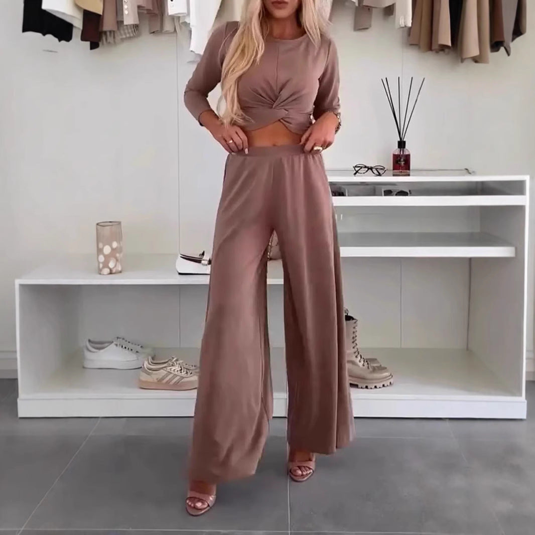 Solid Color O-neck Short Top T-shirt Wide Leg Pants Casual Suit