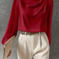 Solid Color Pleated Women's T-shirt Elegant Pullover Satin Top Commute Style Long Sleeve Top