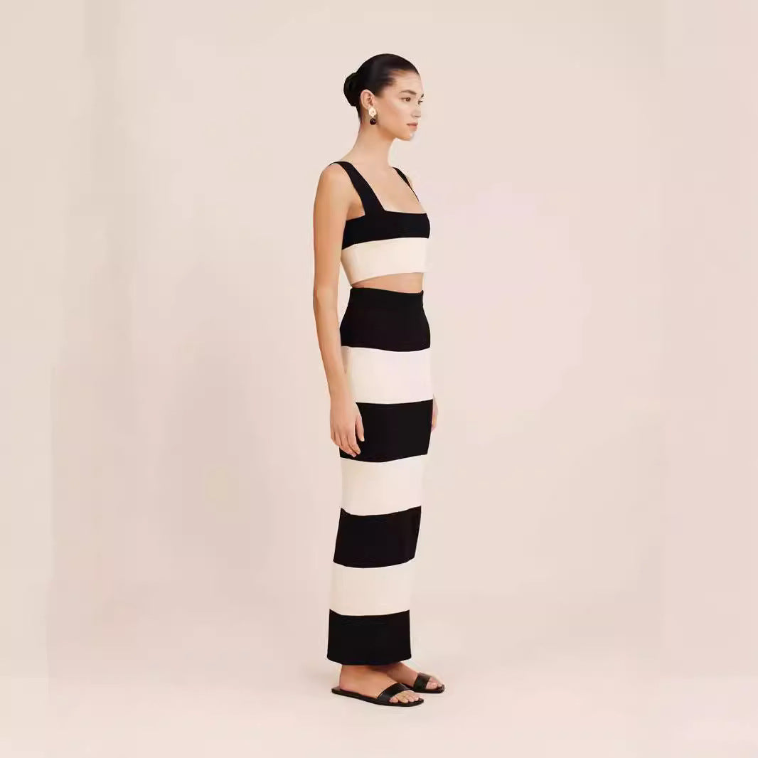 Knitted Striped Vest Sling Sweater Long Dress Suit