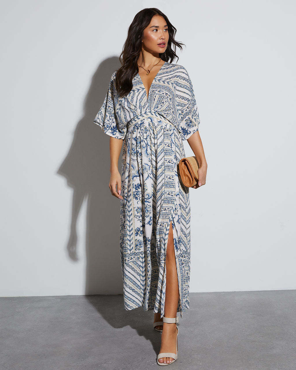 Printed Long Short Sleeve Printed V-neck Dress