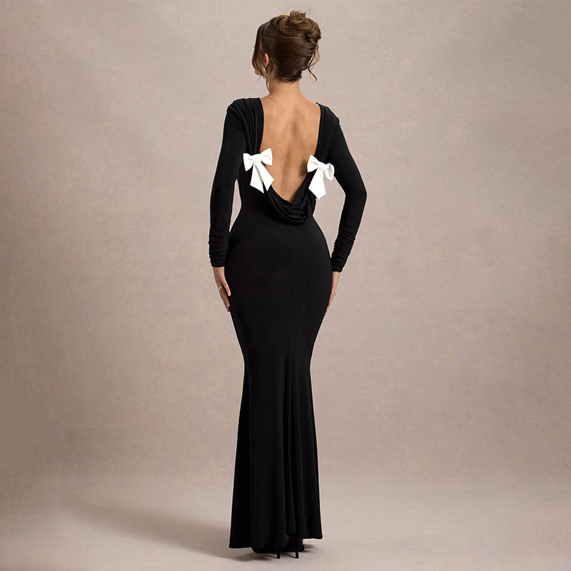 Backless Bow Long Sleeve Narrow Dress Women's Clothing