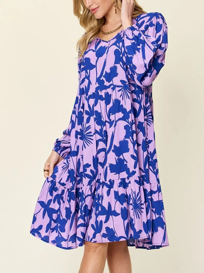 Robe décontractée imprimée à manches longues et col rond plissé
