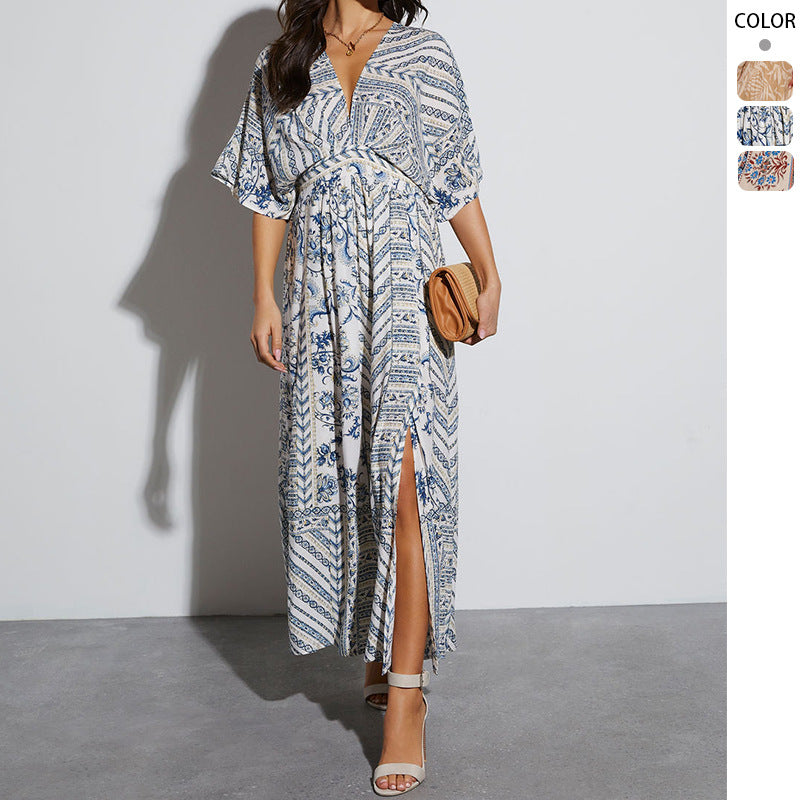 Printed Long Short Sleeve Printed V-neck Dress