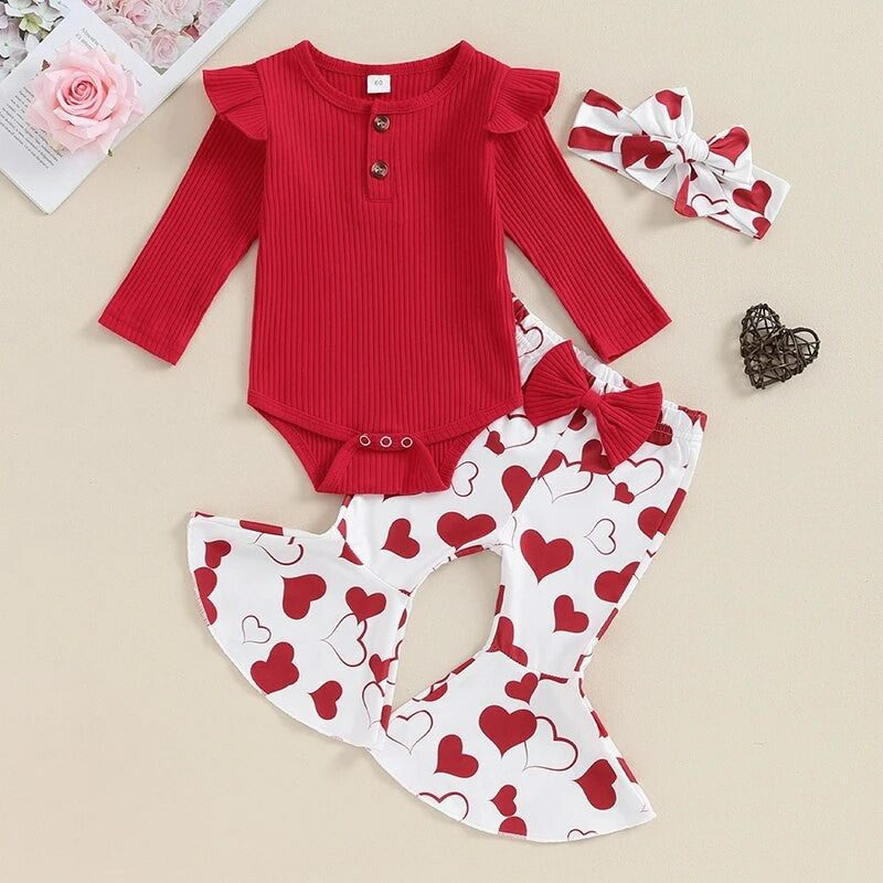 Combinaison à manches longues et pantalon à pattes d'éléphant pour bébé fille, idéale pour la Saint-Valentin