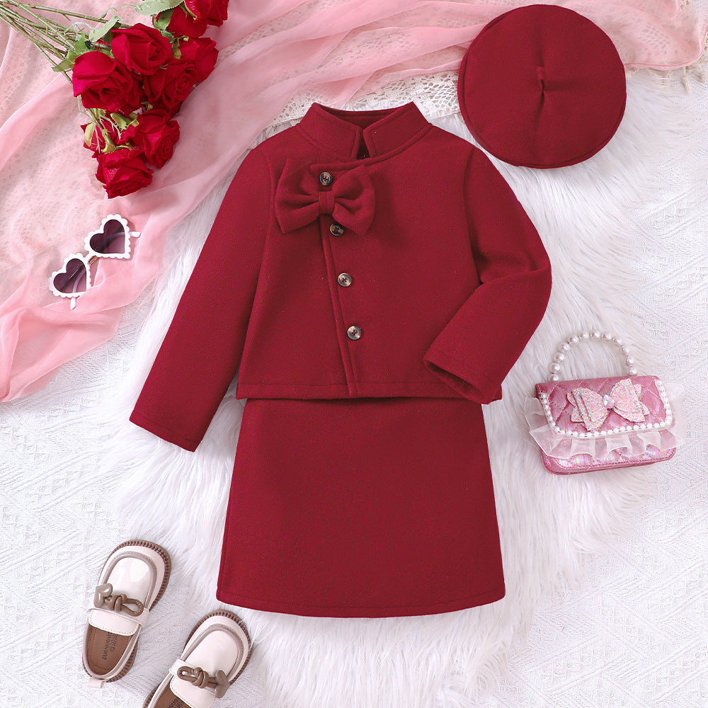 Girls' Autumn And Winter New Woolen Bow Top Skirt Outfit