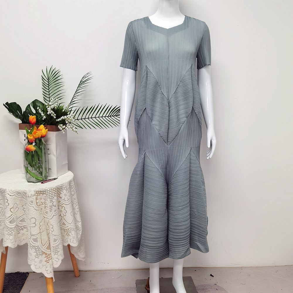 Robe plissée à manches courtes pour femme de style français