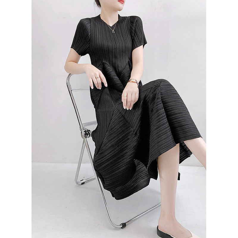 Robe plissée à manches courtes pour femme de style français
