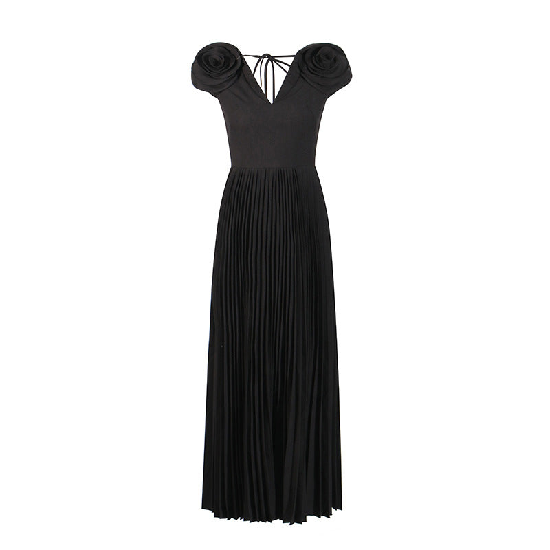 V-neck Three-dimensional Flowers High Waist Pleated Dress