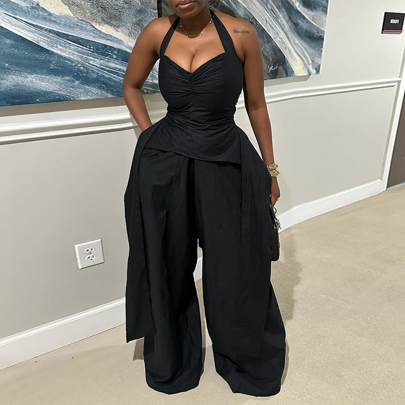 Halter V-neck Irregular Sleeveless High Waist Ribbon Jumpsuit Trousers
