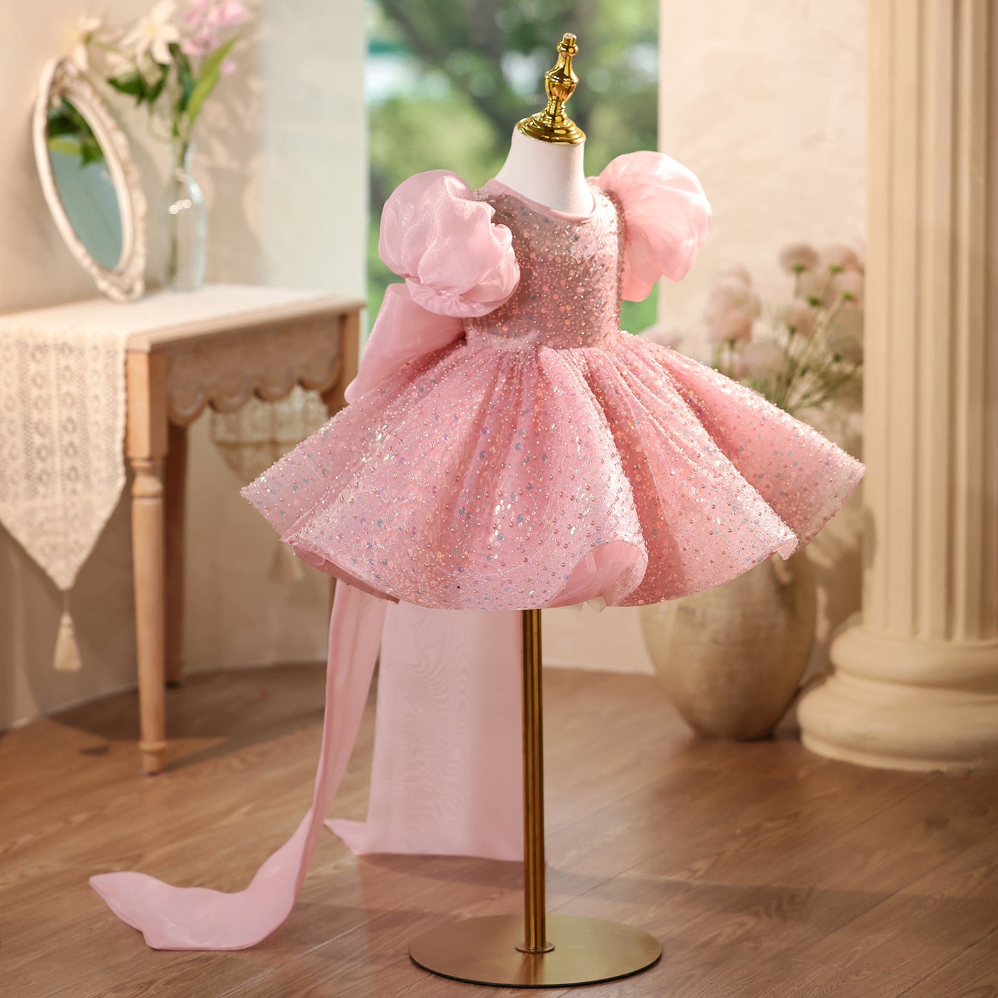 Children's Sequined Formal Dress Puff Sleeve Flower Girl Wedding Princess Dress