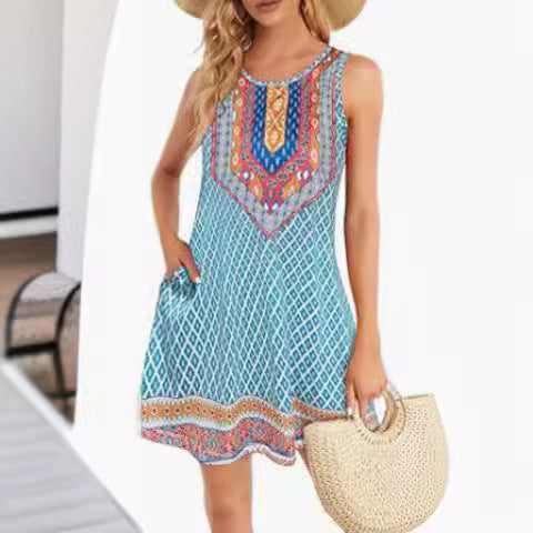 Women's Vest Dress Round Neck Sleeveless 3D Printing