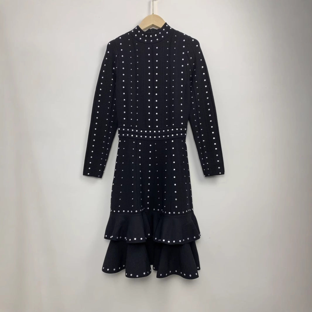 Sequined Ruffles Waist Trimming Knitted Dress