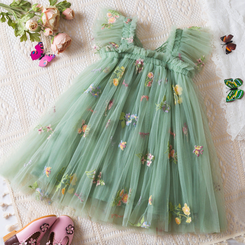 Jupe en mousseline de soie brodée de fleurs coréennes pour fille